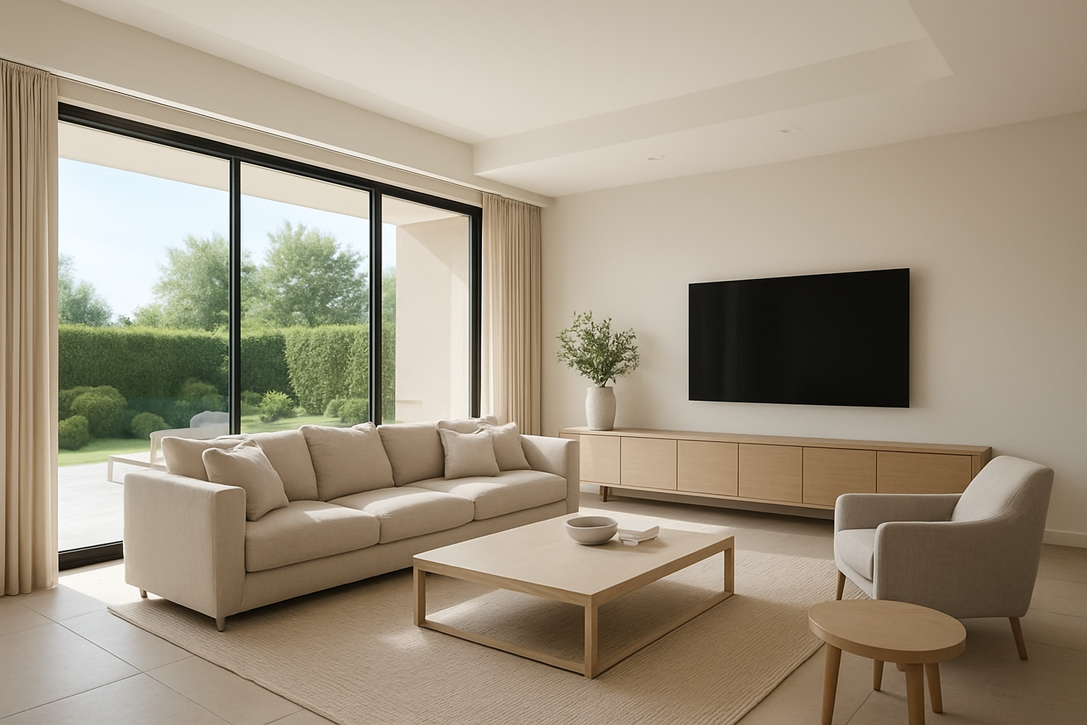 Büyük cam cepheli, gün ışığıyla aydınlanan modern villa salonu.