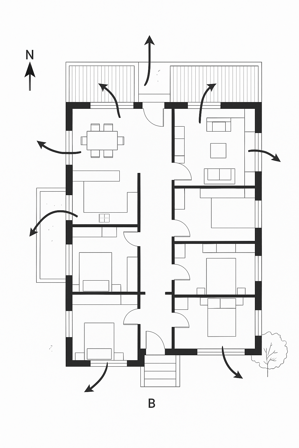 Görsel: Modern bir villanın üstten bakışlı mimari planı; pencereler, balkonlar ve yönler gösteriliyor.